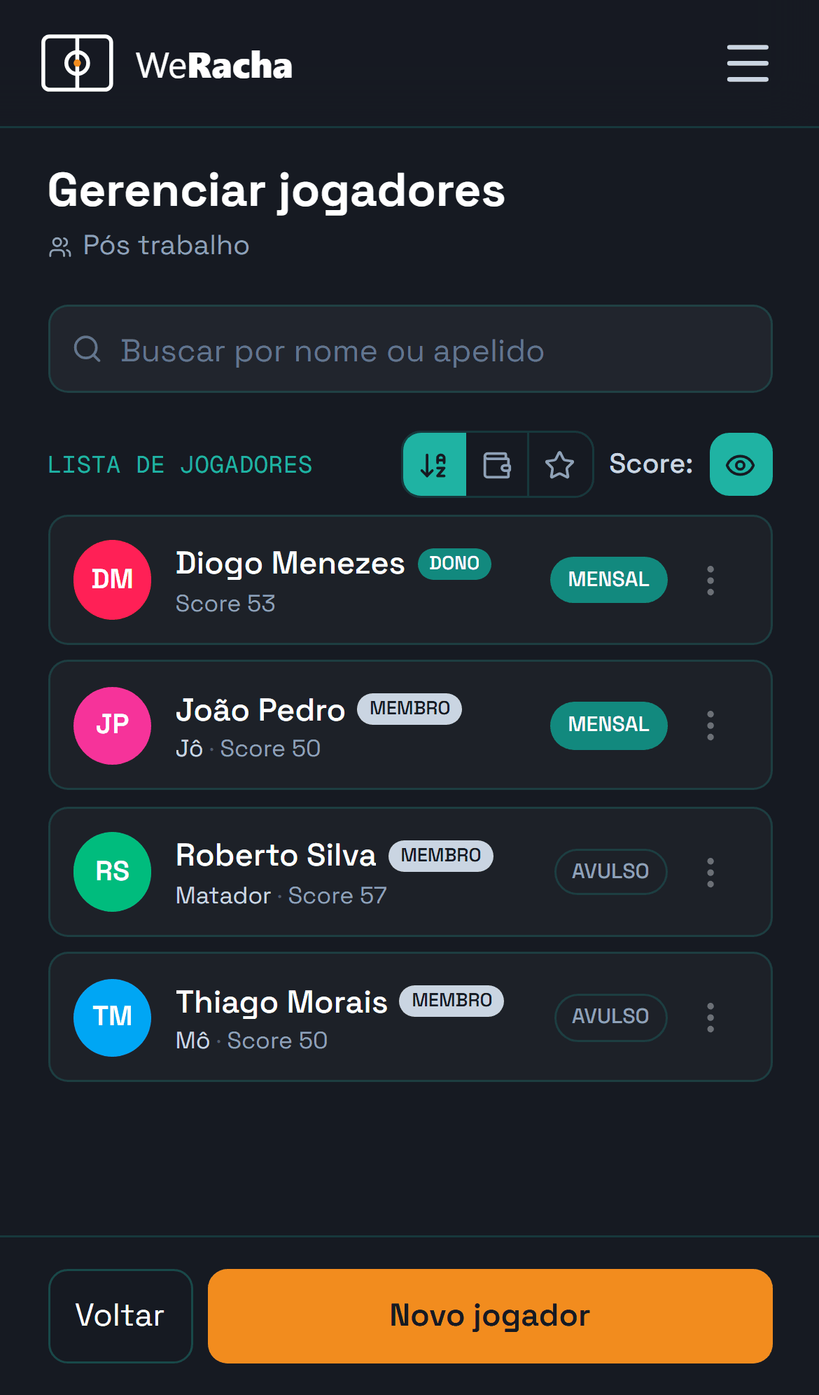selo de mensalista e avulso na lista de presença