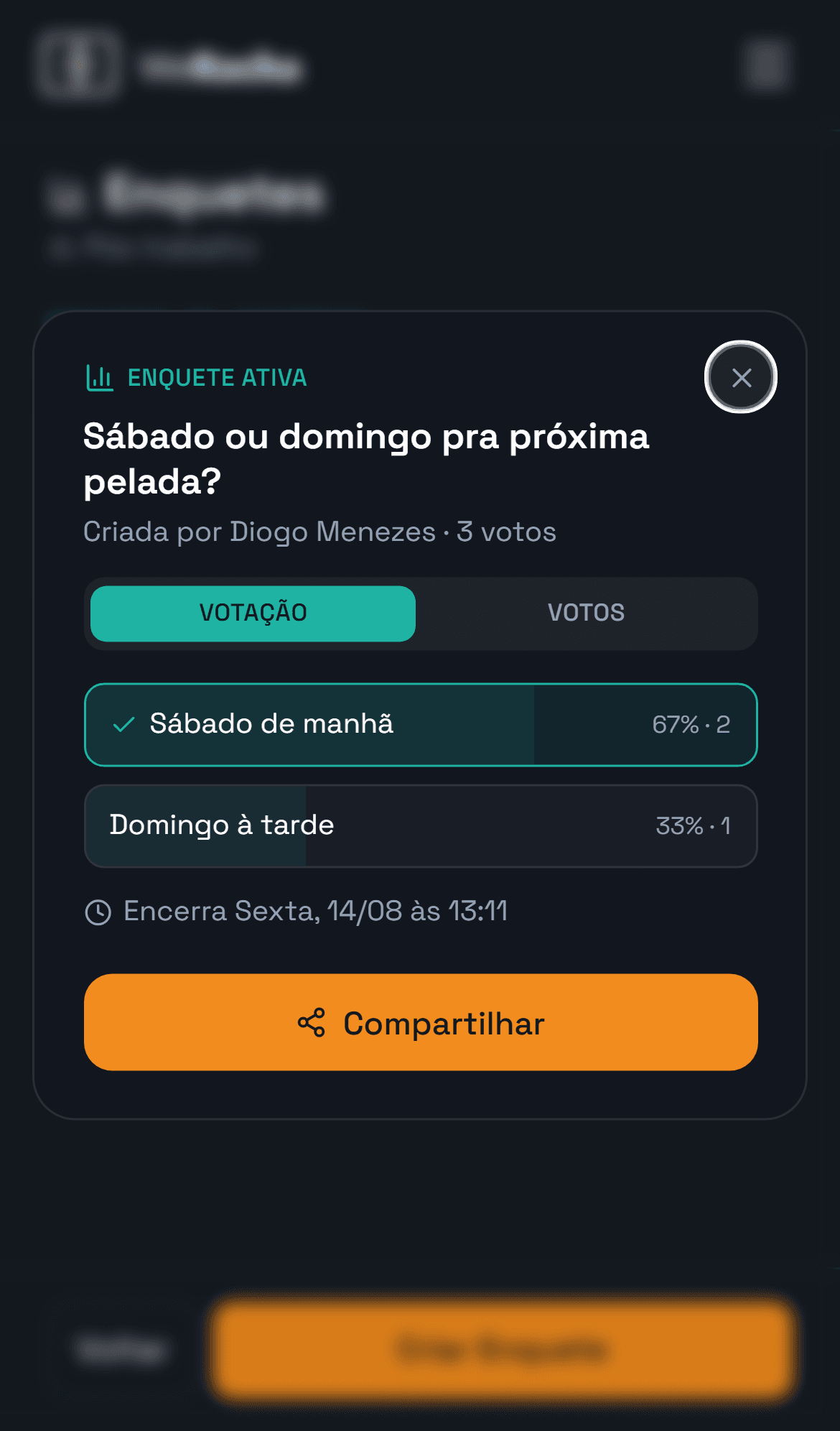 enquete de um grupo aberta, com as barras de resultado