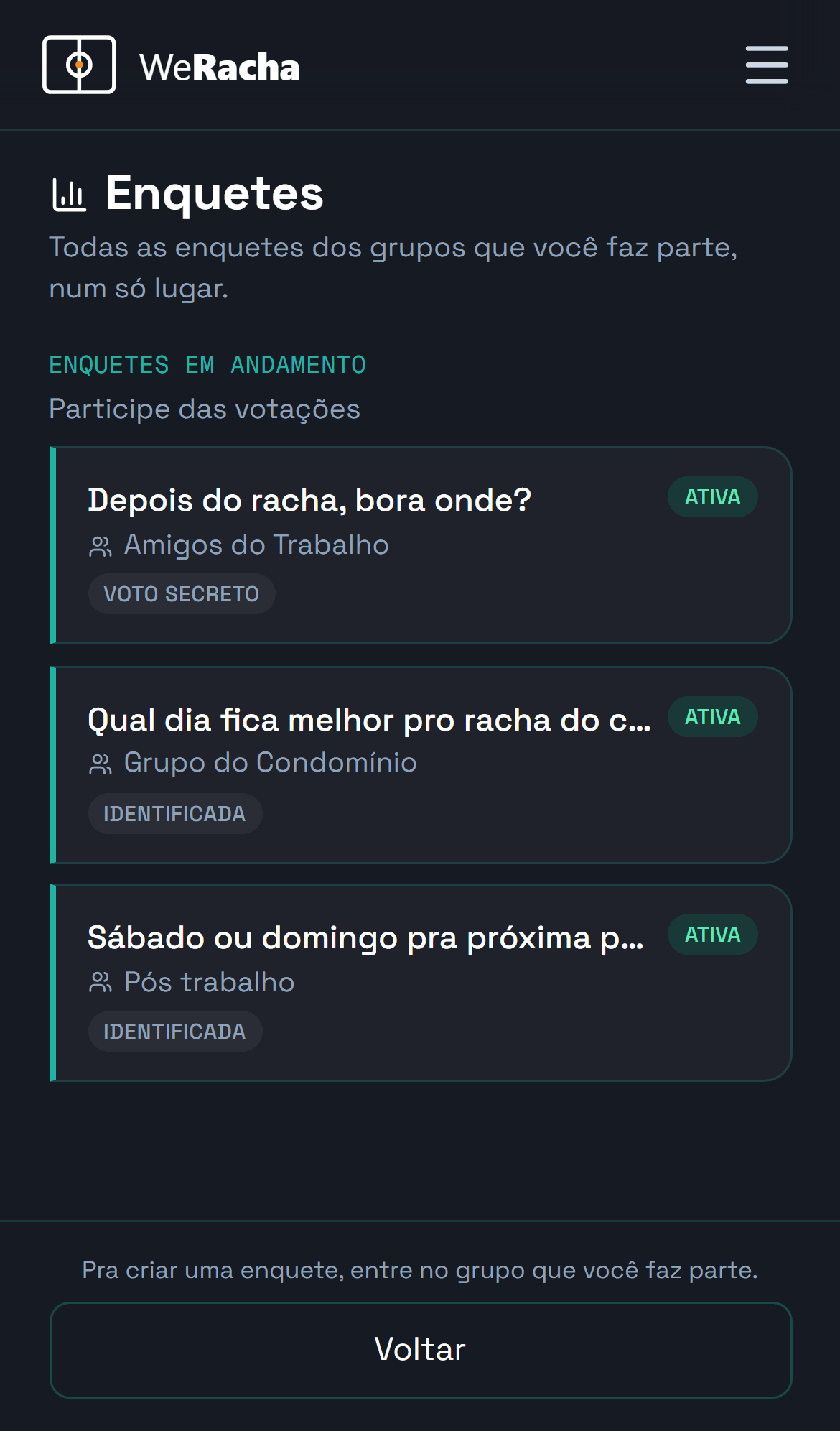 lista com as enquetes de todos os grupos, num lugar só