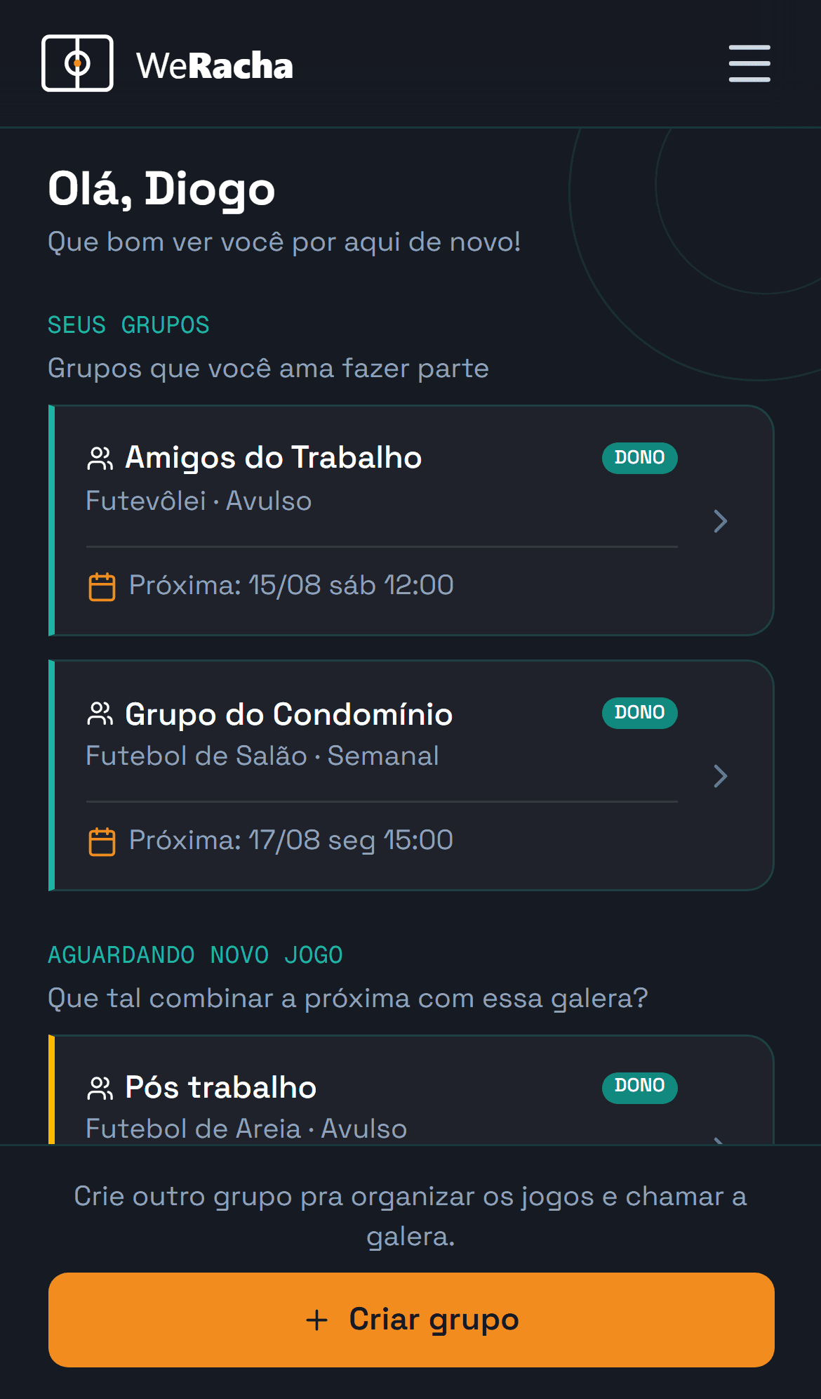 painel com a lista de grupos