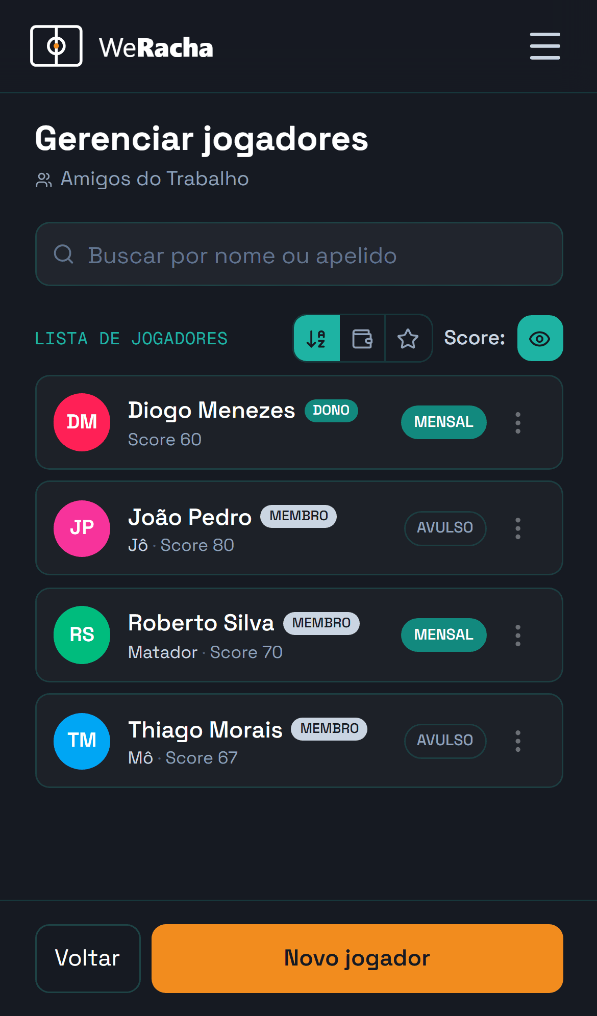 lista de jogadores com os selos de papel e mensalista