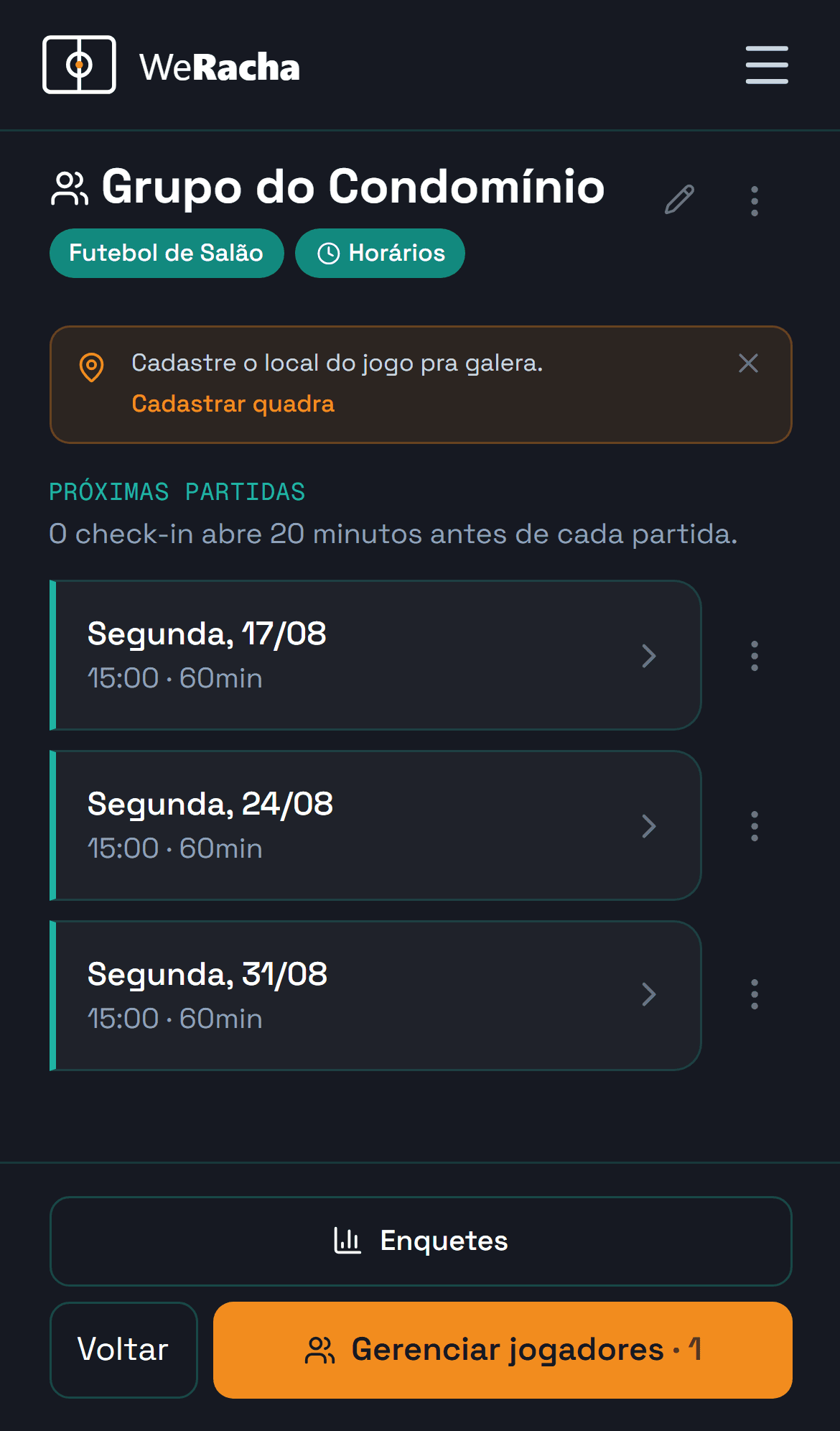 tela do grupo com a lista de partidas