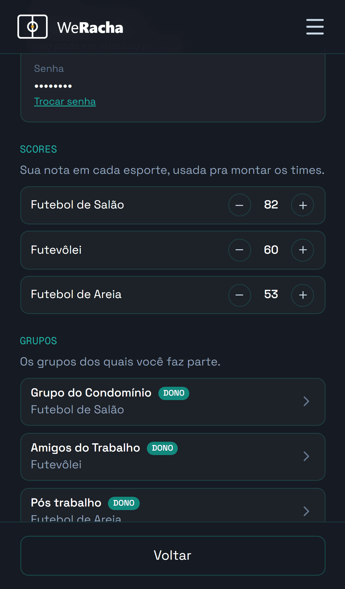 tela de perfil com o ajuste de nota por esporte