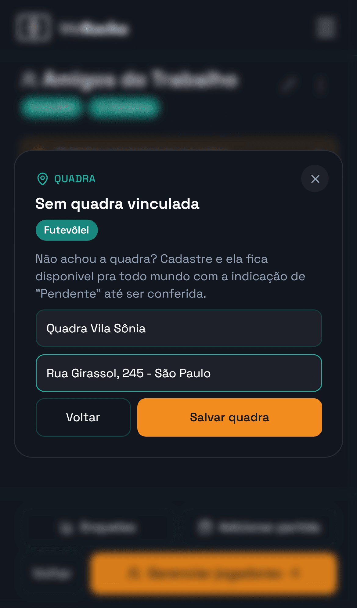 formulário de cadastro de quadra nova, preenchido