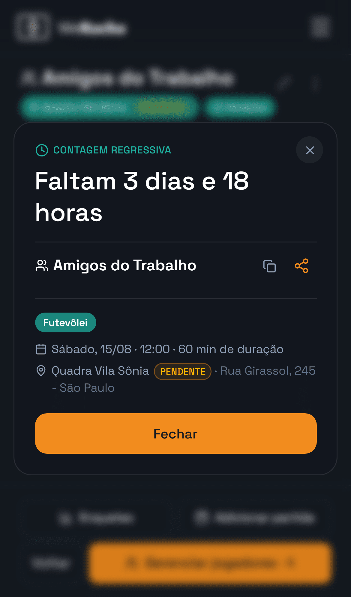 modal da partida com a quadra e todas as informações pra jogar