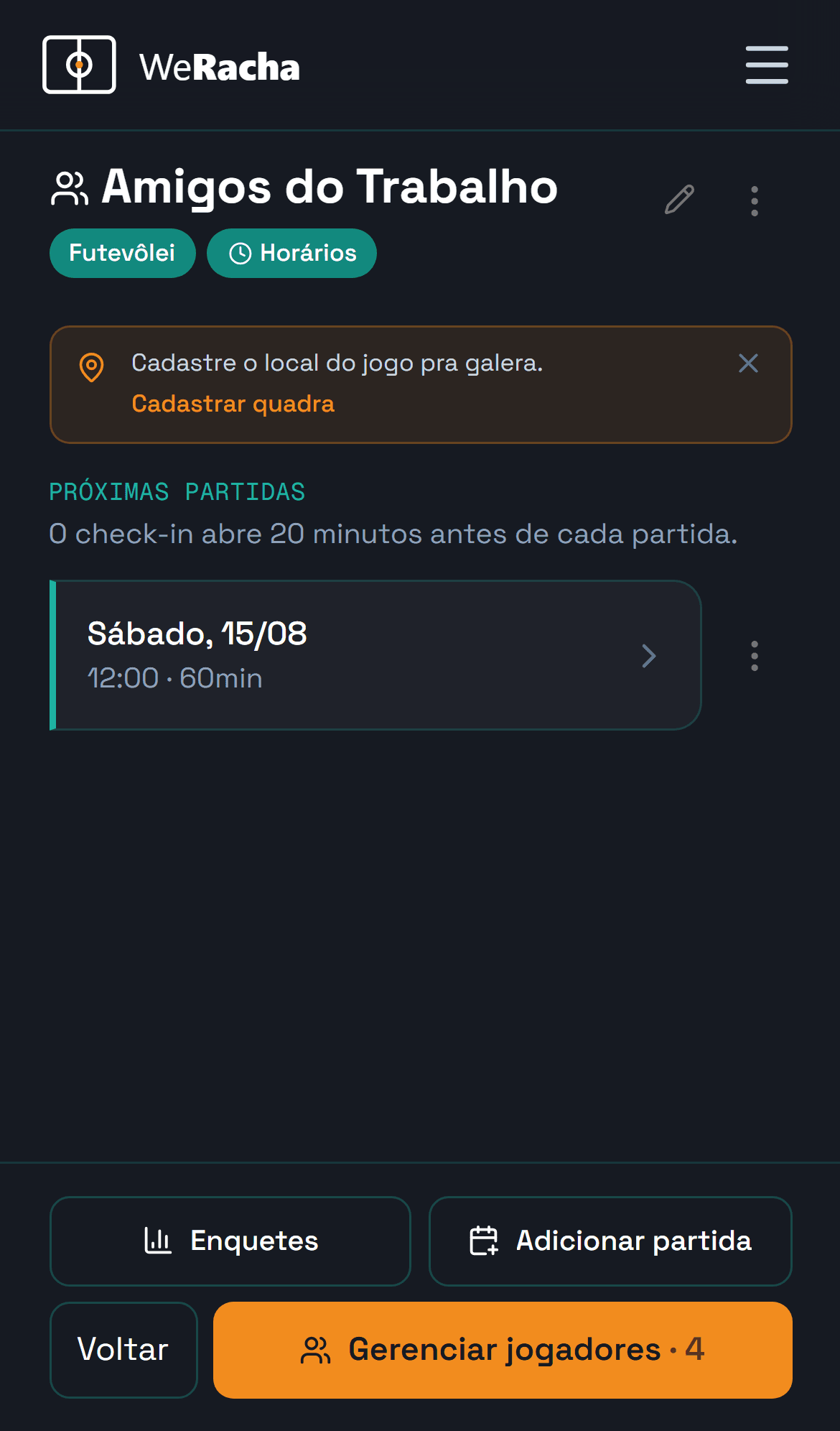 grupo sem quadra vinculada, com o aviso pra cadastrar
