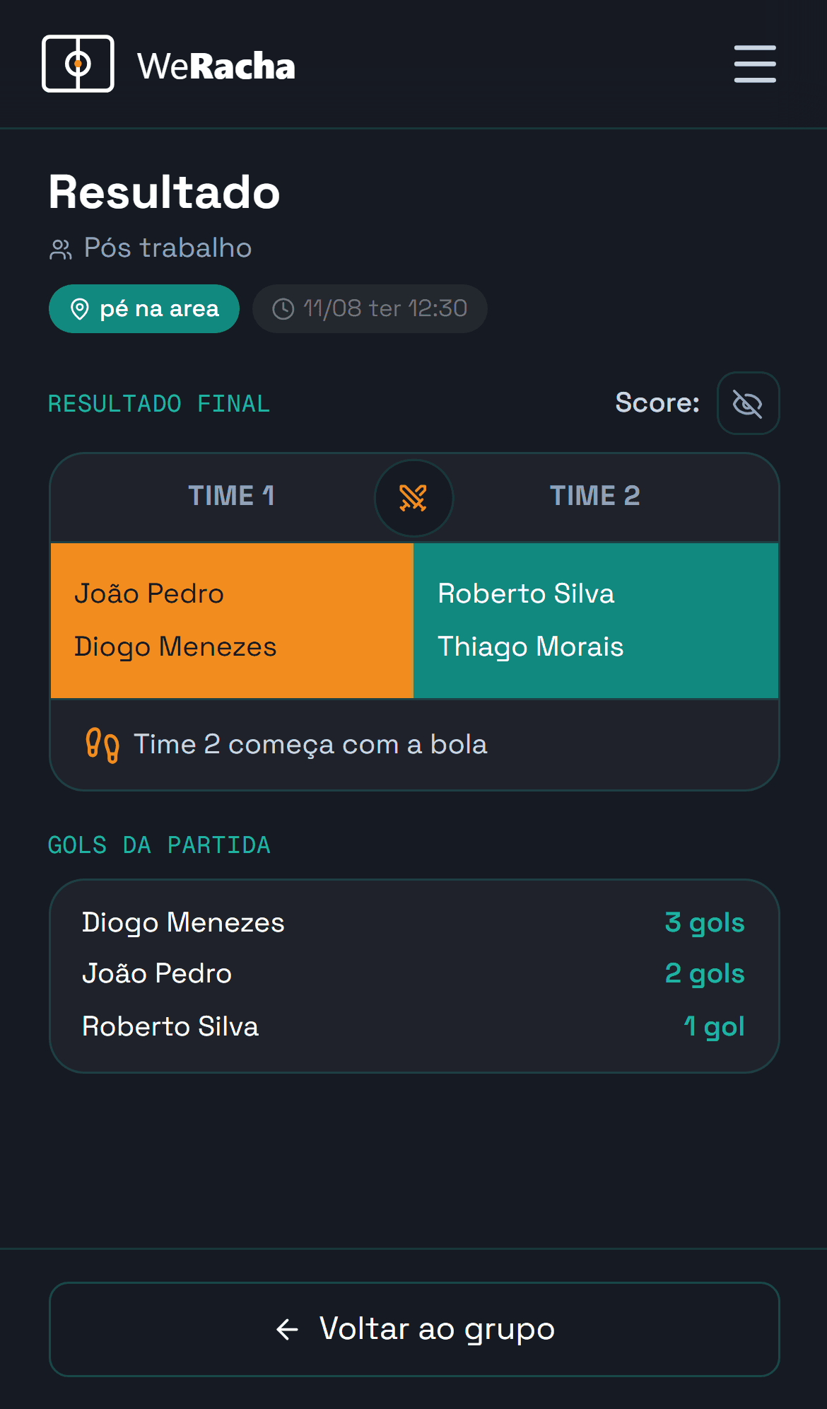 tela de resultado com os dois times lado a lado