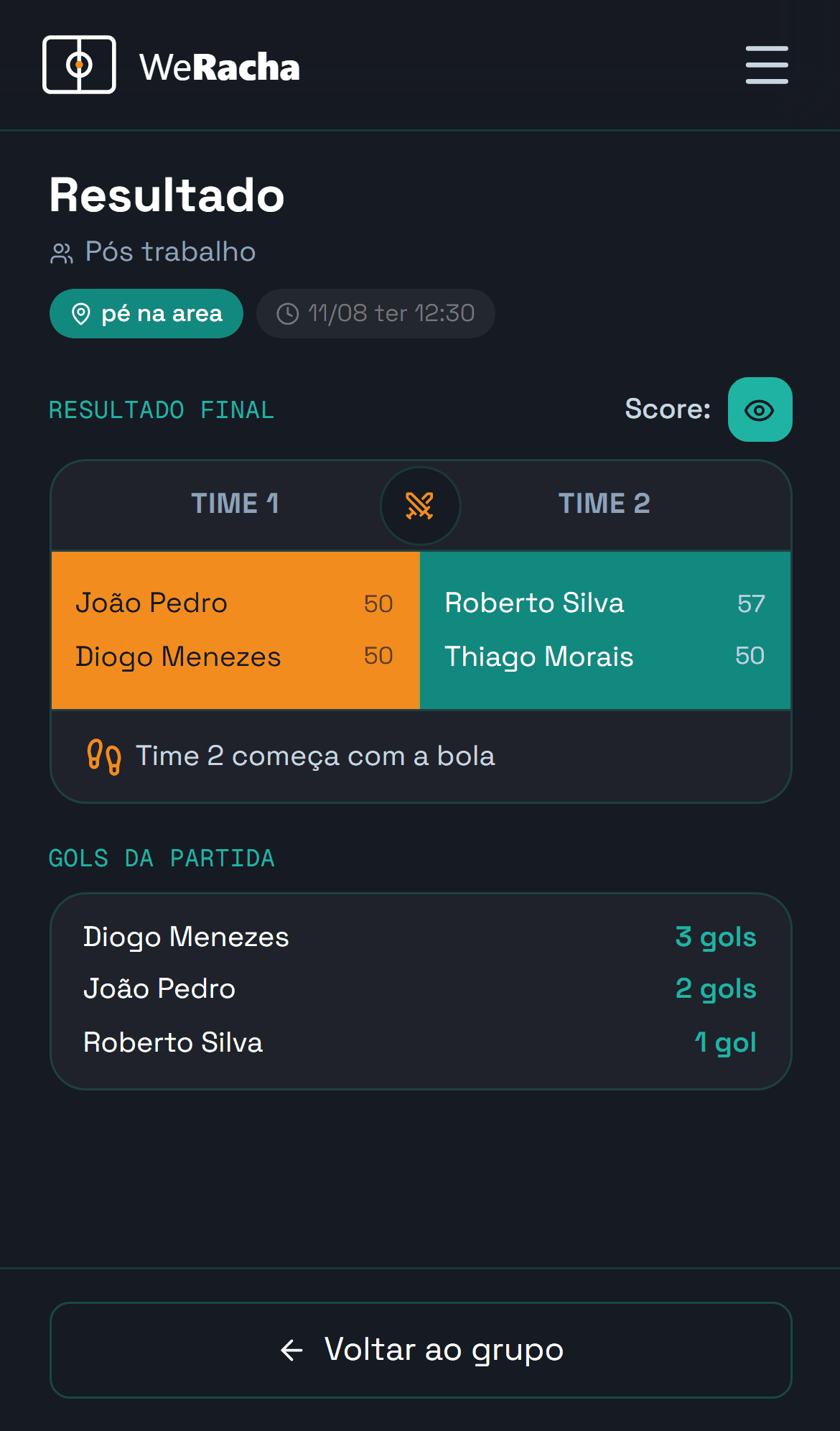 Tela de resultado do sorteio com nota de jogador